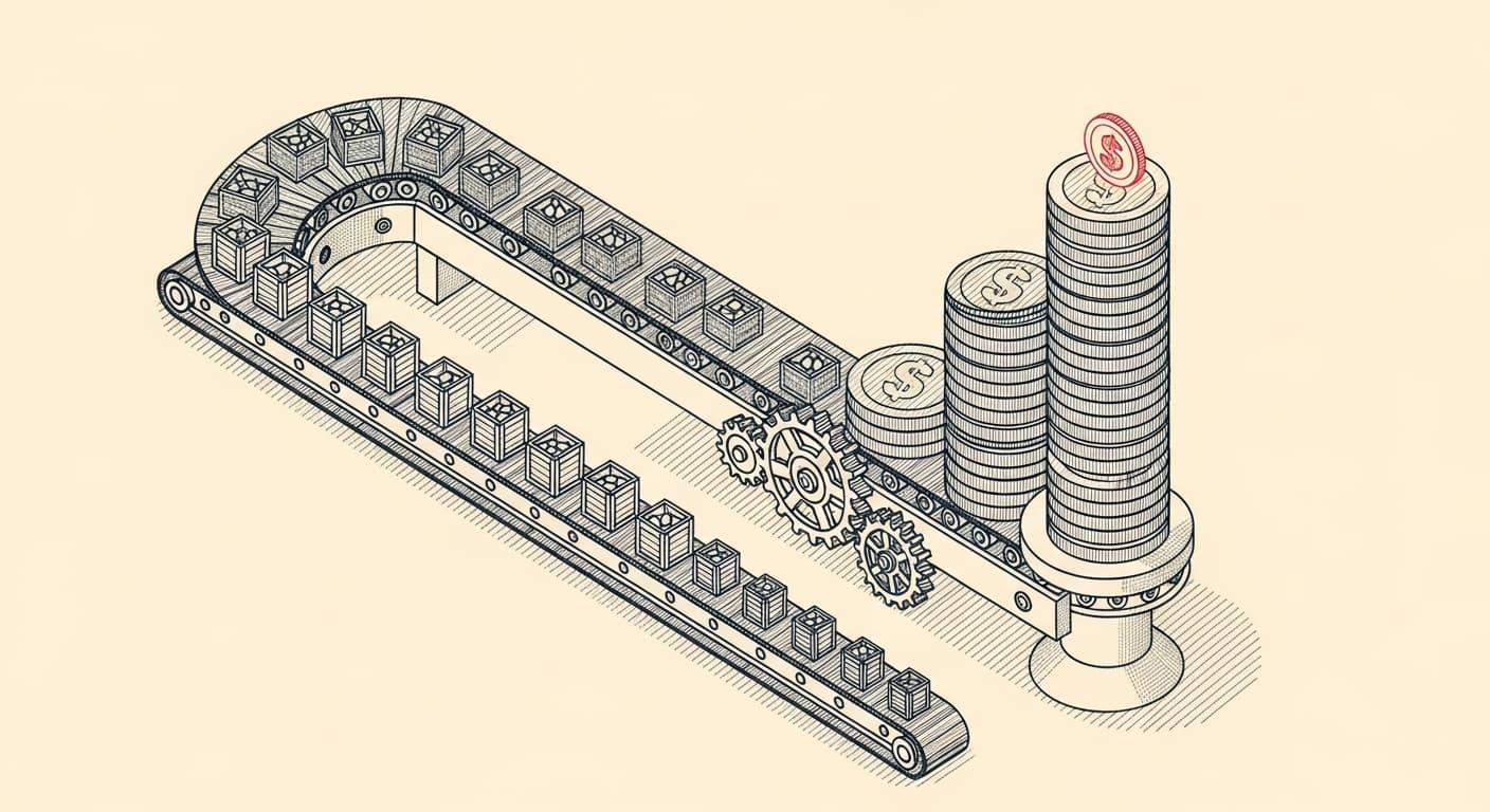 輸送帶上的貨箱越來越少、旁邊的硬幣堆卻越疊越高——點擊變少，平台營收照樣成長