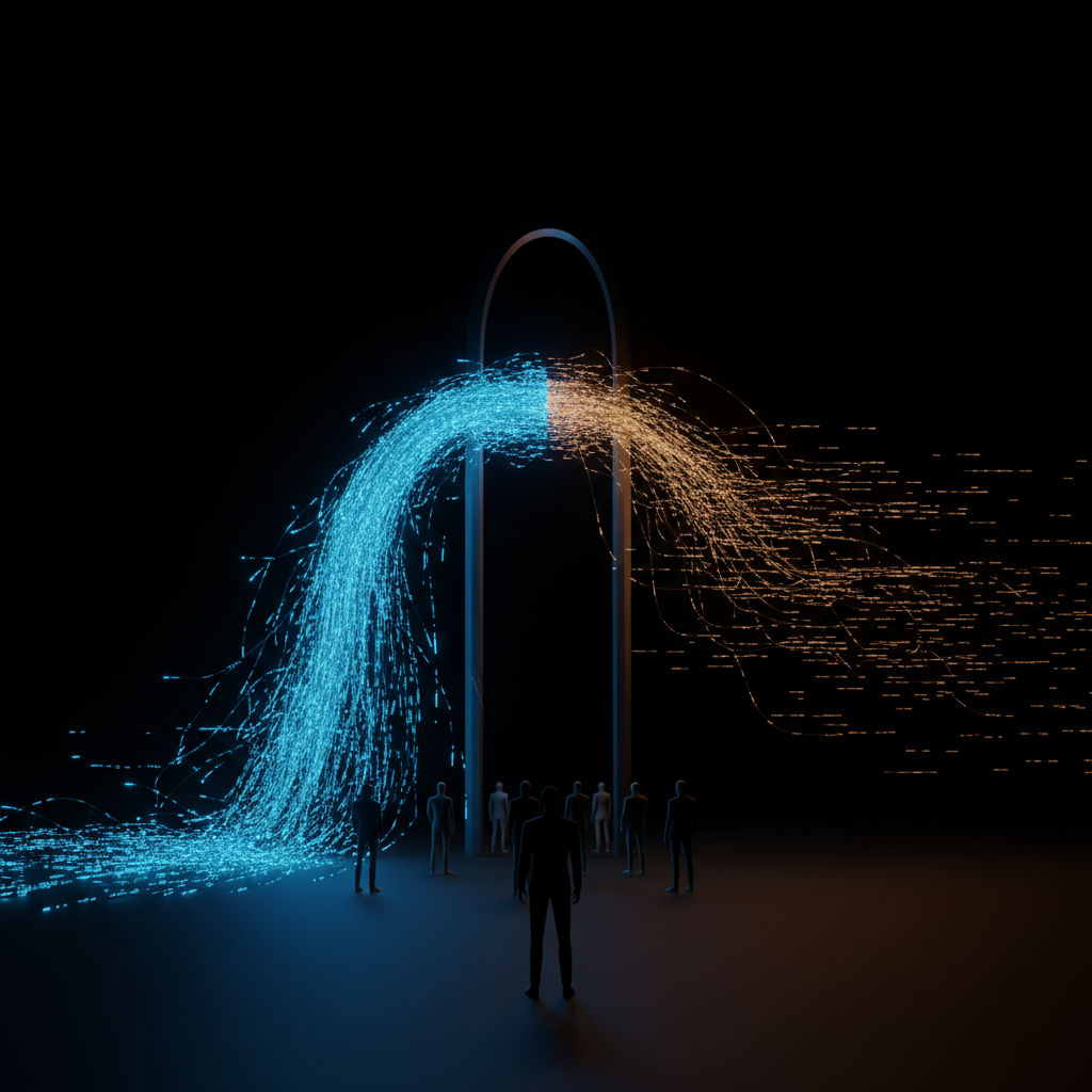 大量資料流被迫流向一道狹窄閘門,象徵 AI 公司以大規模分發換取直接用戶關係的結構性代價