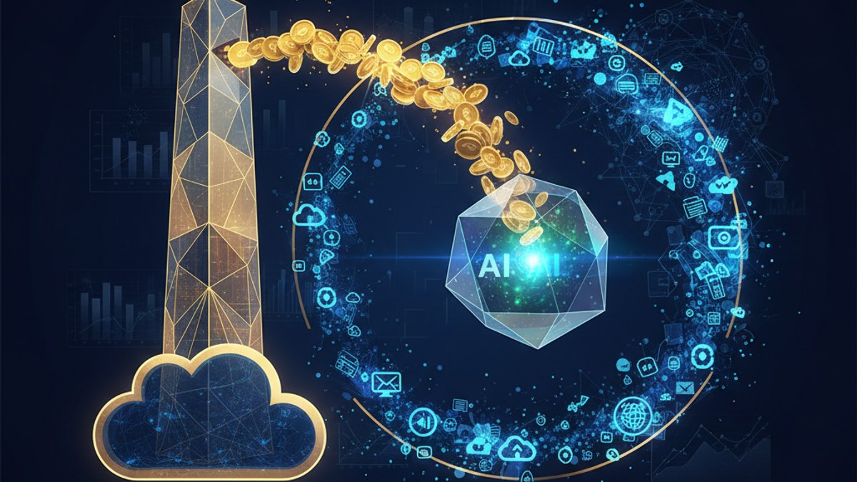 Google 投資 Anthropic 的資金循環示意——左邊 Google 大廈以金色光芒注入投資款，繞一圈經過代表 Anthropic 的 A 字光球，從右側以 Google Cloud 算力使用費的形式流回 Google 自家儀表板。Photo: Gemini