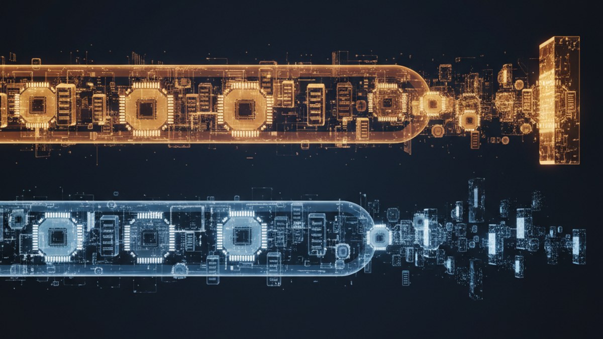 兩條 AI 算力供應鏈分流——左邊金色光帶代表 Google TPU 路線，串聯 TSMC 晶圓、Broadcom 包裝、廣達緯創伺服器組裝、Marvell 客製 ASIC，光線匯聚於唯一買家 Google 大廈；右邊藍色光帶代表 Nvidia GB200 NVL72 路線，由 Foxconn 跟 Quanta 組裝，分流到 Microsoft、Meta、xAI、Oracle 多個客戶。Photo: Gemini