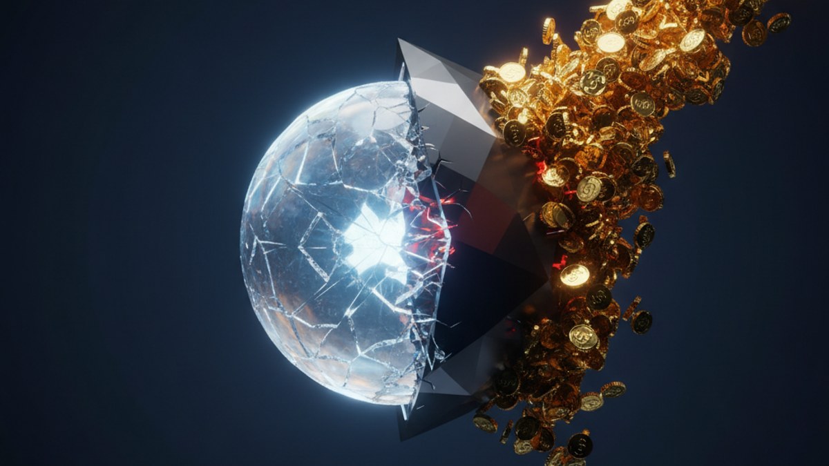 Microsoft 累計 $130 億美元投資進到 OpenAI 後非營利結構承受不住規模壓力的視覺化——左邊非營利結構像一個輕量氣球，右邊 Microsoft 大廈以巨大金色資金洪流注入，氣球被洪流壓垮、開始向下塌陷成限利子公司結構，背景是 AI 神經網路紋路。Photo: Gemini
