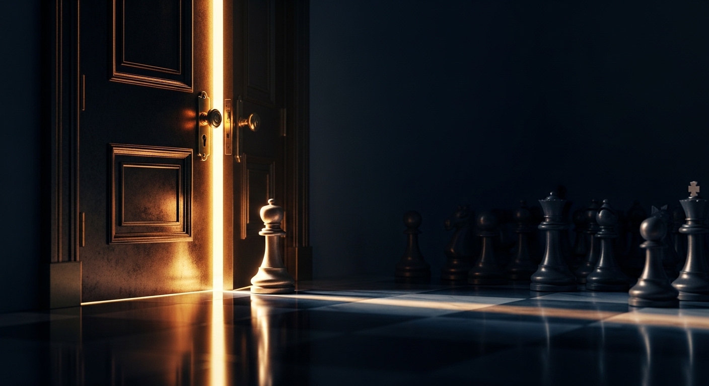 一枚拋光的棋子站在門縫透出的金光裡,準備通過;暗處還有一整排棋子在陰影中等待——象徵只有 Canva 級條件的倖存者能通過上市的資格審查