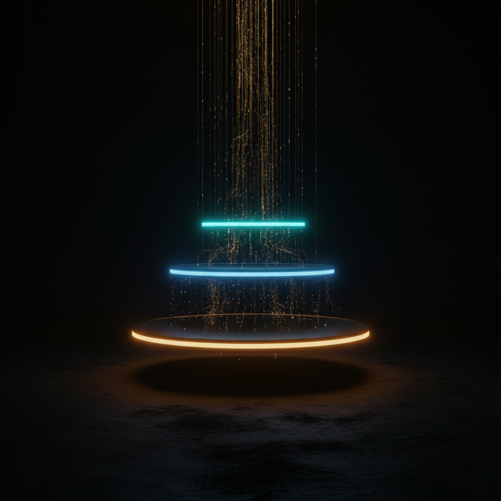 三層發光平台由下往上，象徵 ServiceNow 的定價升級結構：基礎版、Pro、Pro Plus