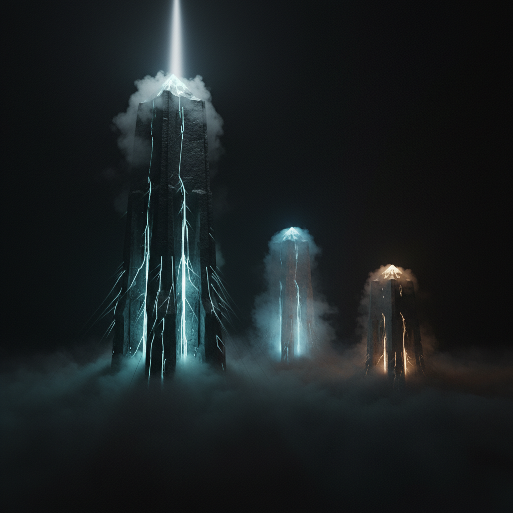 三根高低不同的深色巨塔矗立在暗霧中，最高塔射出一道白光，象徵企業 AI 競爭格局的高下之別