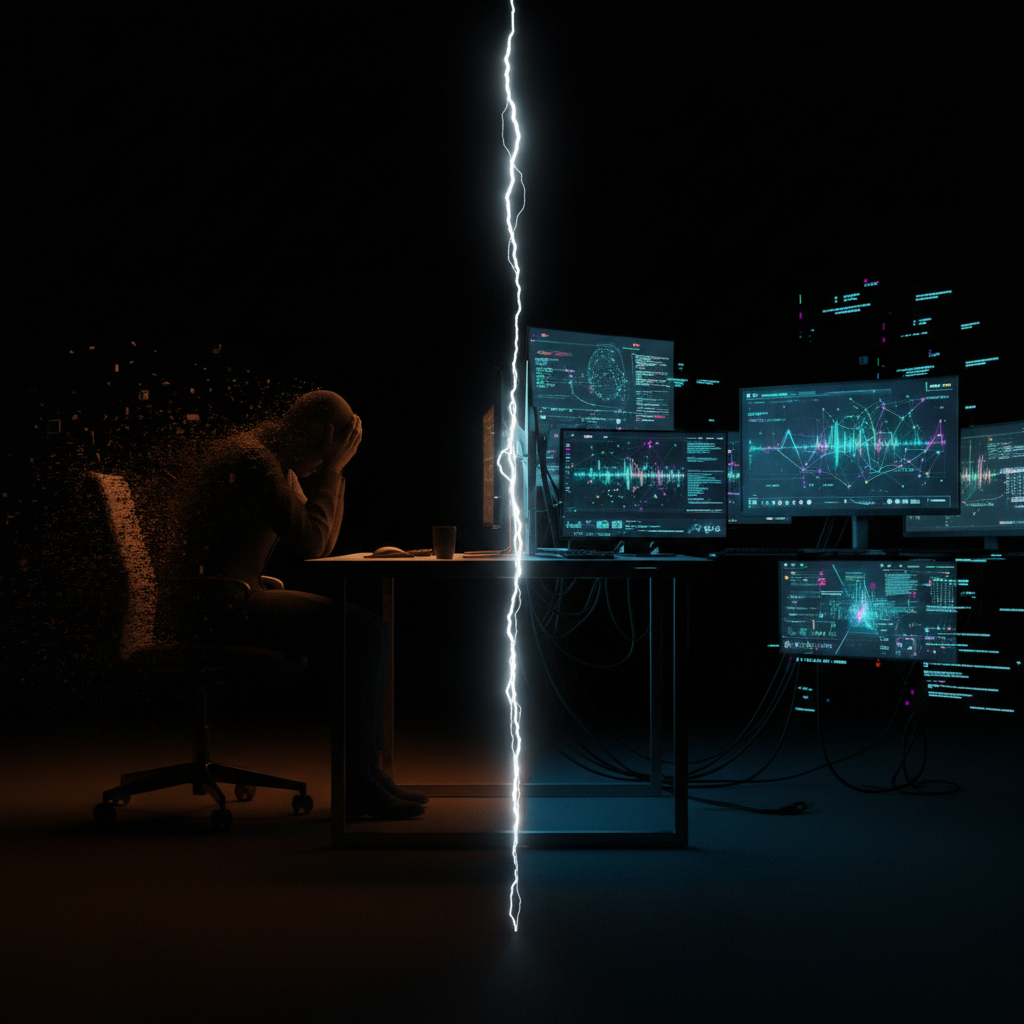 左側是傳統辦公室的疲憊工作者在整理紙箱，右側是明亮的現代工作站前專注的工程師盯著 AI 儀表板