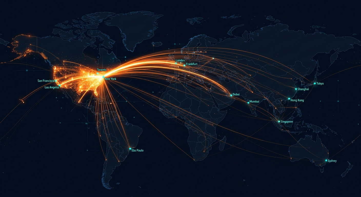大型資金流向示意：箭頭從主權基金、企業資本指向少數頂層 AI 公司，底部是稀缺的早期融資池